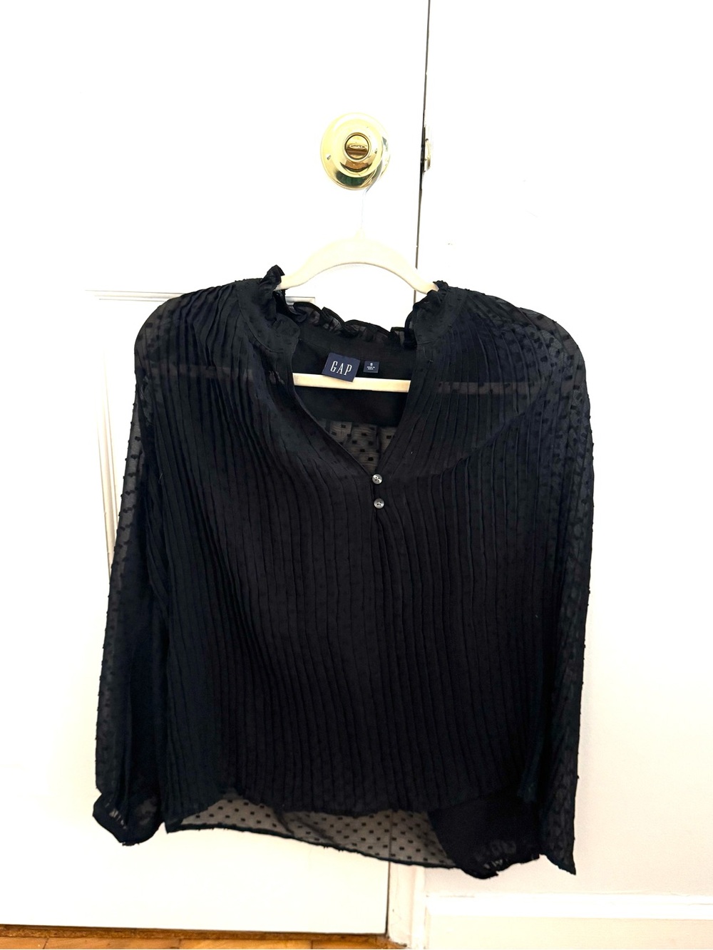 GAP Black Pleated Sheer Ruffle-Neck Blouse